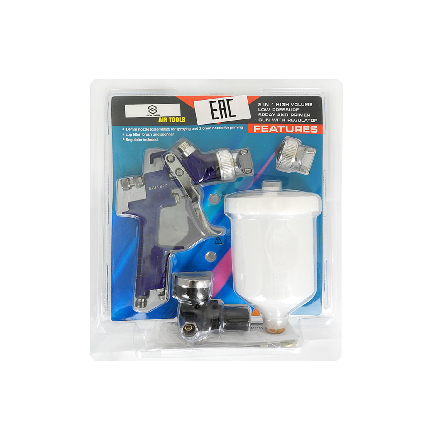 Краскопульт SCHTAER SCH-827KIT с дополнительным соплом и манометром и дюзой 1,4, 2,0 мм.